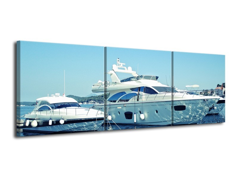 Canvas Schilderij Boot, Water | Blauw, Grijs, Wit | 120x40cm 3Luik