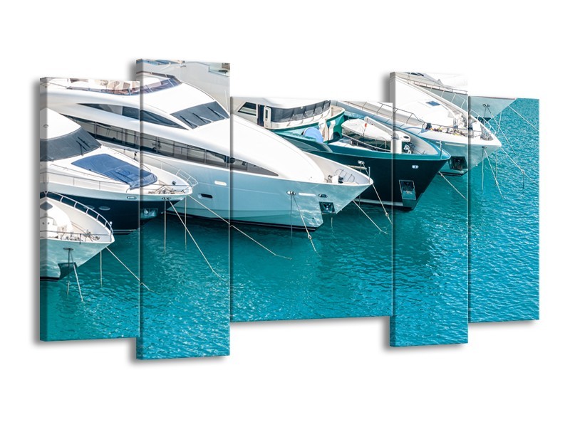 Canvas Schilderij Boot, Water | Wit, Turquoise | 120x65cm 5Luik