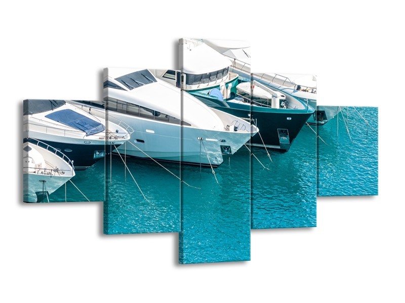Canvas Schilderij Boot, Water | Wit, Turquoise | 125x70cm 5Luik