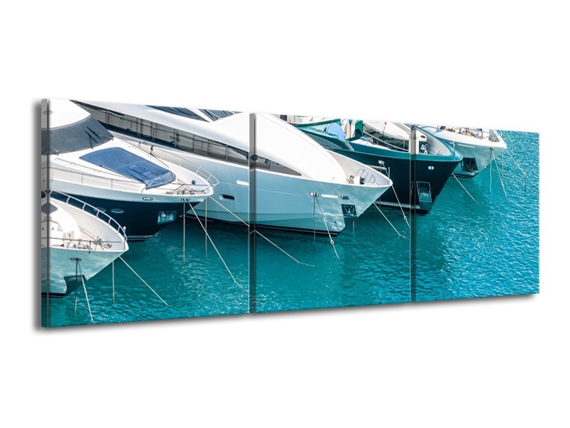 Canvas Schilderij Boot, Water | Wit, Turquoise | 150x50cm 3Luik