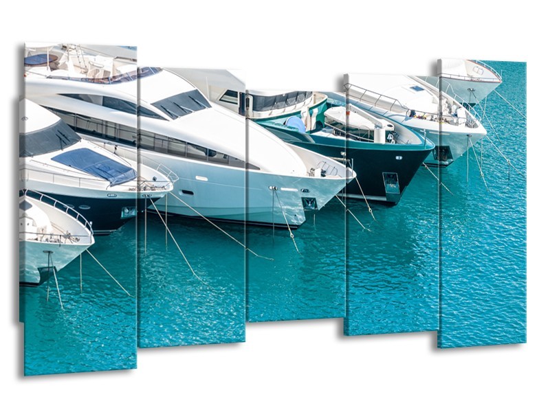 Canvas Schilderij Boot, Water | Wit, Turquoise | 150x80cm 5Luik