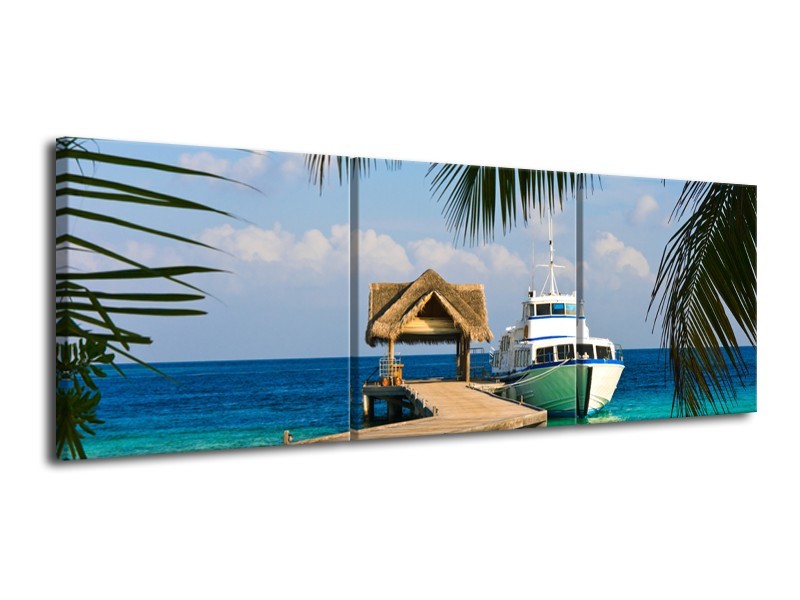 Canvas Schilderij Boot, Natuur | Groen, Blauw, Turquoise | 120x40cm 3Luik