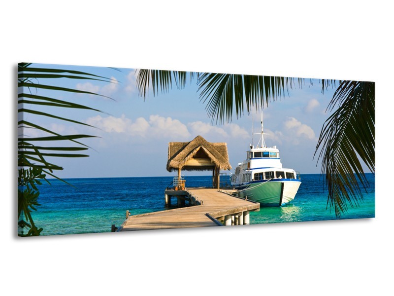 Canvas Schilderij Boot, Natuur | Groen, Blauw, Turquoise | 145x58cm 1Luik