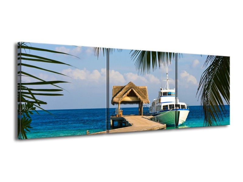 Canvas Schilderij Boot, Natuur | Groen, Blauw, Turquoise | 150x50cm 3Luik