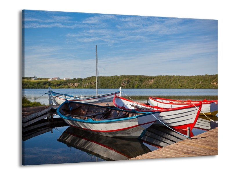 Canvas Schilderij Boot, Natuur | Grijs, Rood, Blauw | 100x70cm 1Luik