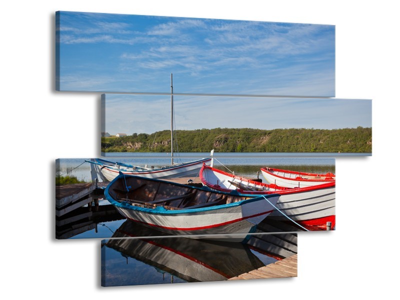 Canvas Schilderij Boot, Natuur | Grijs, Rood, Blauw | 115x85cm 4Luik