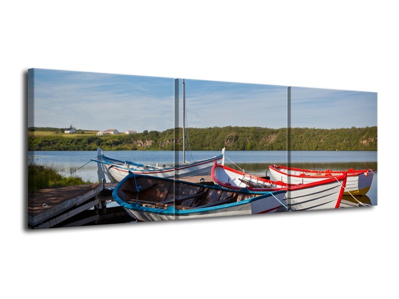 Glasschilderij Boot, Natuur | Grijs, Rood, Blauw | 120x40cm 3Luik