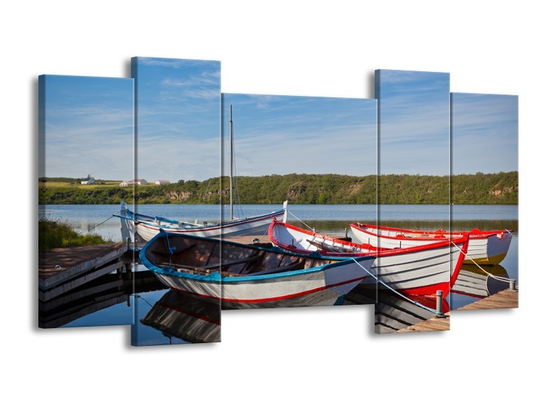 Canvas Schilderij Boot, Natuur | Grijs, Rood, Blauw | 120x65cm 5Luik