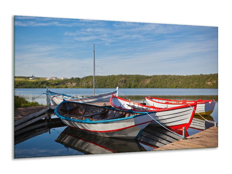 Canvas Schilderij Boot, Natuur | Grijs, Rood, Blauw | 120x70cm 1Luik