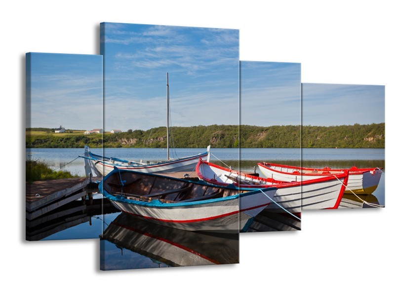 Canvas Schilderij Boot, Natuur | Grijs, Rood, Blauw | 120x75cm 4Luik