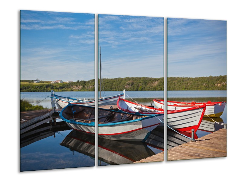 Canvas Schilderij Boot, Natuur | Grijs, Rood, Blauw | 120x80cm 3Luik