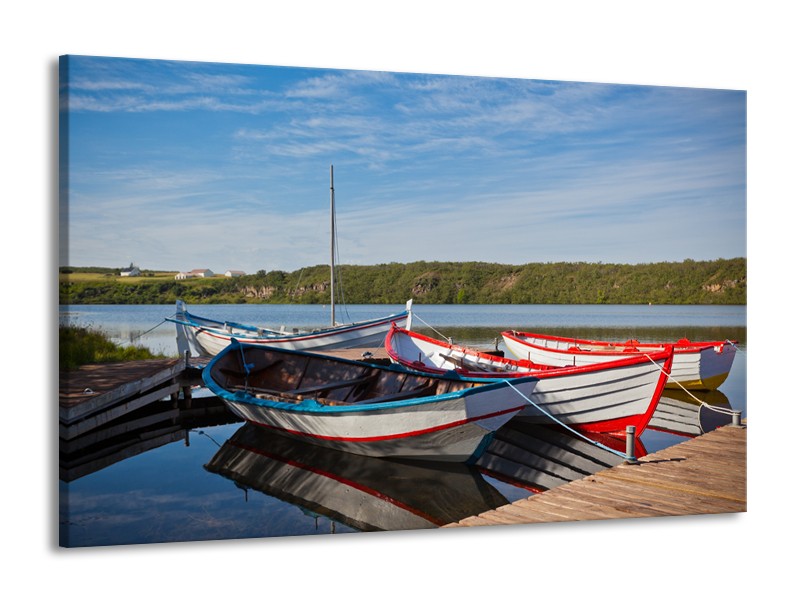 Canvas Schilderij Boot, Natuur | Grijs, Rood, Blauw | 140x90cm 1Luik