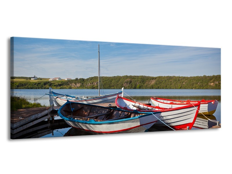 Glasschilderij Boot, Natuur | Grijs, Rood, Blauw | 145x58cm 1Luik