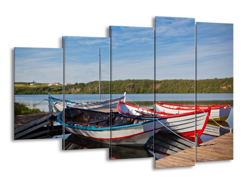 Canvas Schilderij Boot, Natuur | Grijs, Rood, Blauw | 150x100cm 5Luik