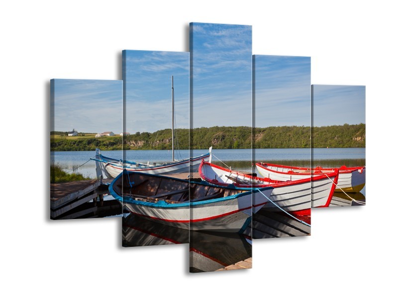 Canvas Schilderij Boot, Natuur | Grijs, Rood, Blauw | 150x105cm 5Luik