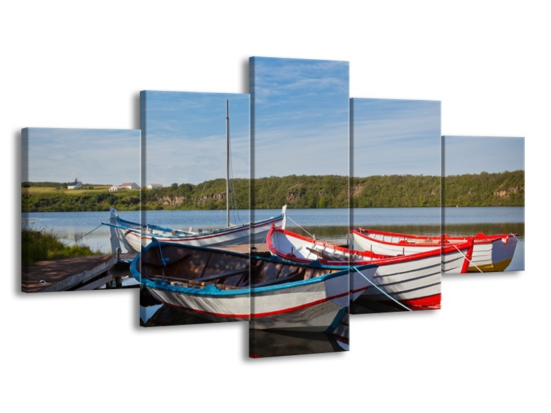 Canvas Schilderij Boot, Natuur | Grijs, Rood, Blauw | 150x80cm 5Luik