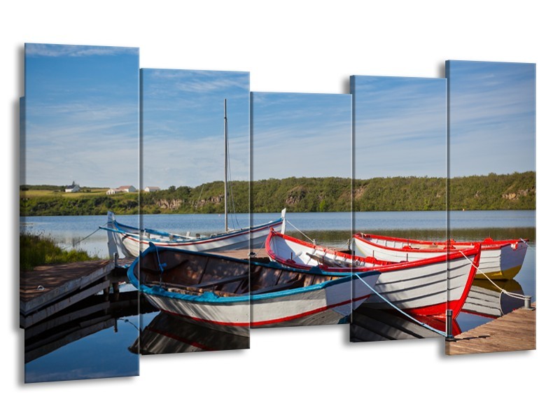 Canvas Schilderij Boot, Natuur | Grijs, Rood, Blauw | 150x80cm 5Luik