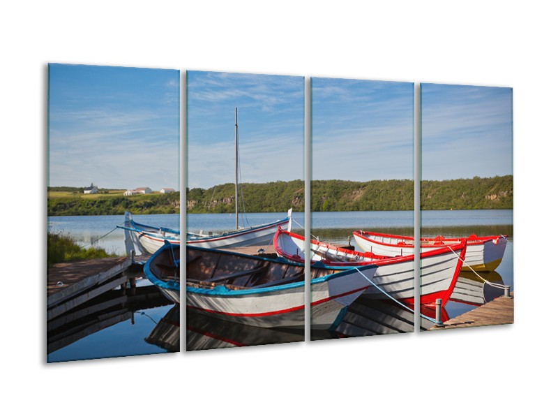 Canvas Schilderij Boot, Natuur | Grijs, Rood, Blauw | 160x80cm 4Luik