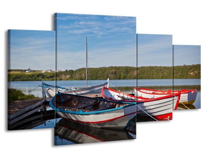 Canvas Schilderij Boot, Natuur | Grijs, Rood, Blauw | 160x90cm 4Luik