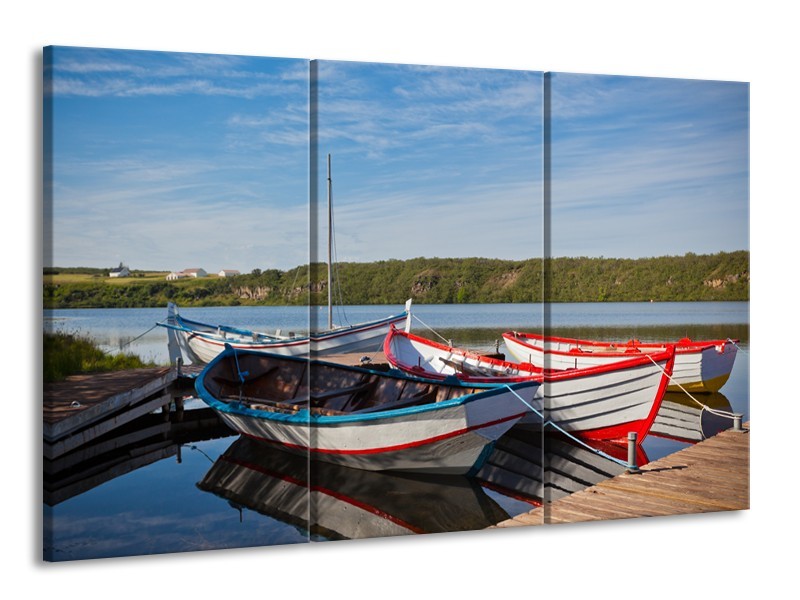 Glasschilderij Boot, Natuur | Grijs, Rood, Blauw | 165x100cm 3Luik