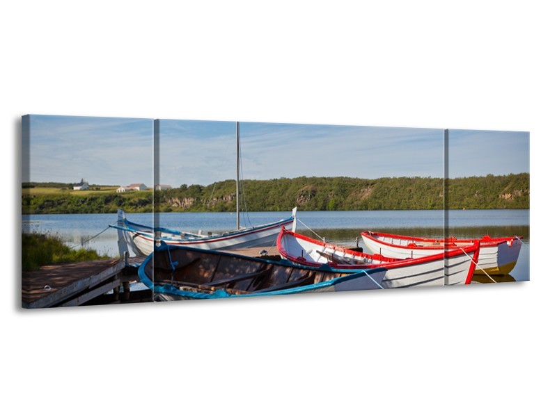 Glasschilderij Boot, Natuur | Grijs, Rood, Blauw | 170x50cm 3Luik