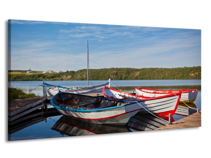 Canvas Schilderij Boot, Natuur | Grijs, Rood, Blauw | 170x90cm 1Luik