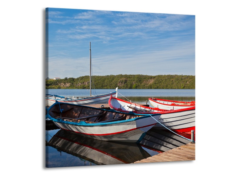 Glasschilderij Boot, Natuur | Grijs, Rood, Blauw | 50x50cm 1Luik