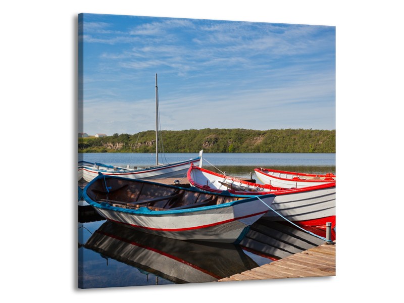 Glasschilderij Boot, Natuur | Grijs, Rood, Blauw | 70x70cm 1Luik