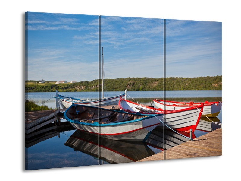 Glasschilderij Boot, Natuur | Grijs, Rood, Blauw | 60x90cm 3Luik