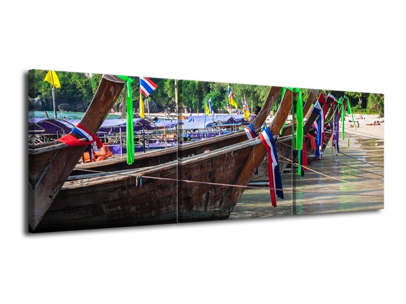 Glasschilderij Boot, Natuur | Groen, Bruin, Gijs | 120x40cm 3Luik