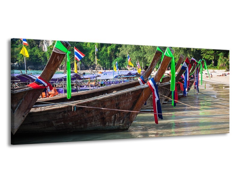 Canvas Schilderij Boot, Natuur | Groen, Bruin, Grijs | 145x58cm 1Luik