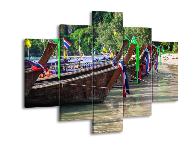 Canvas Schilderij Boot, Natuur | Groen, Bruin, Grijs | 150x105cm 5Luik