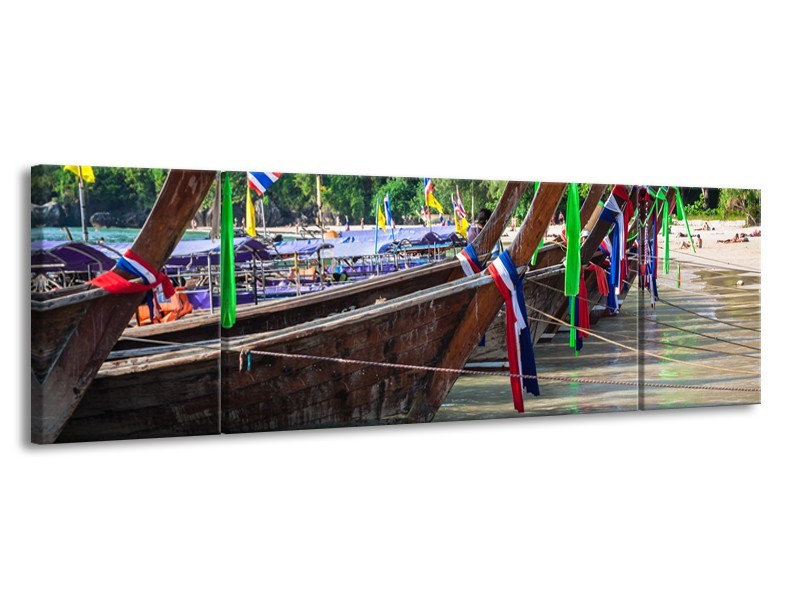 Canvas Schilderij Boot, Natuur | Groen, Bruin, Grijs | 170x50cm 3Luik