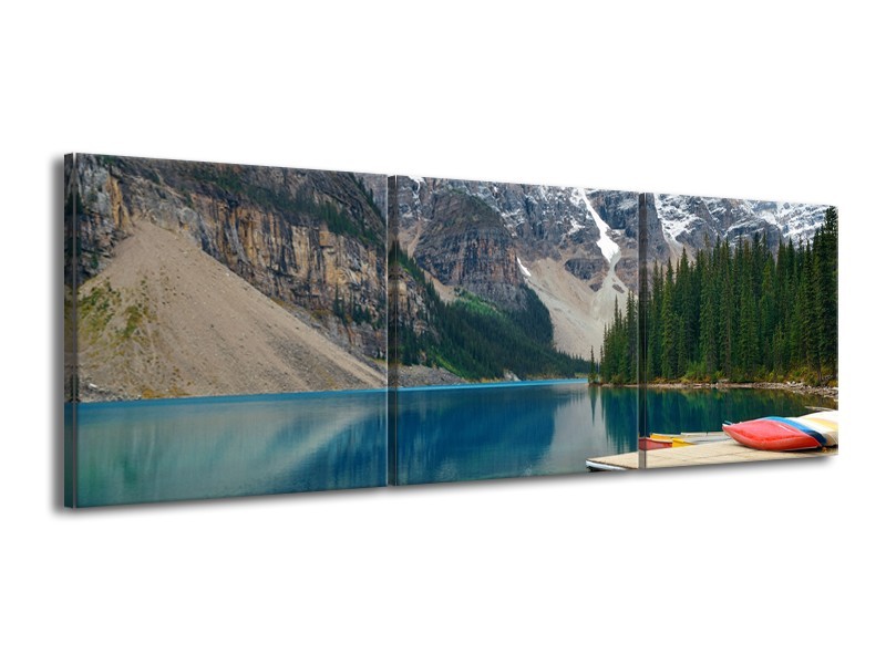 Glasschilderij Boot, Natuur | Grijs, Blauw, Groen | 150x50cm 3Luik