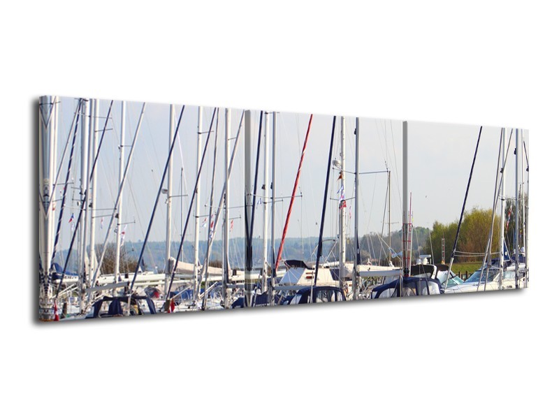 Canvas Schilderij Boot | Grijs, Wit, Blauw | 120x40cm 3Luik