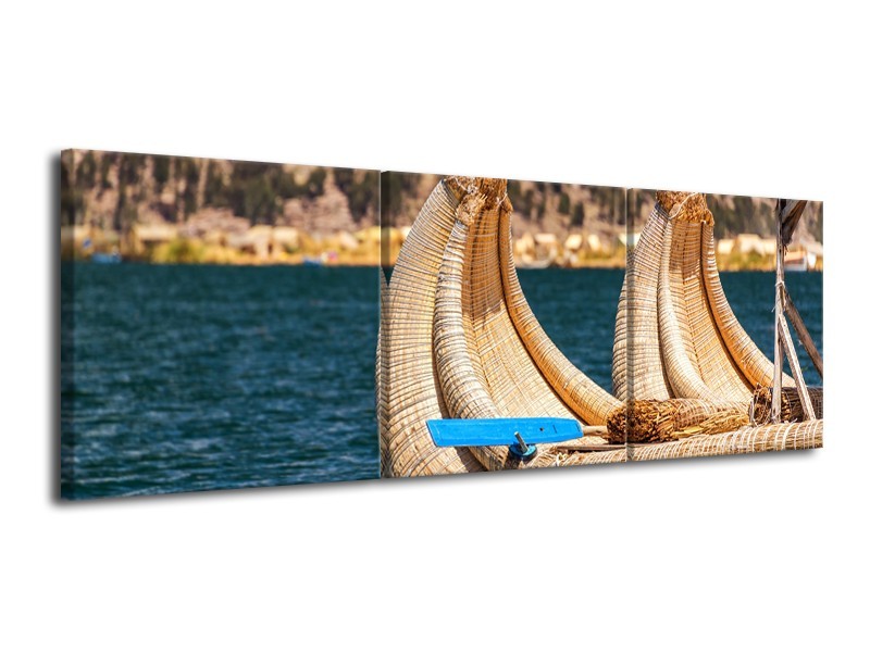 Glasschilderij Boot, Natuur | Geel, Bruin, Blauw | 120x40cm 3Luik