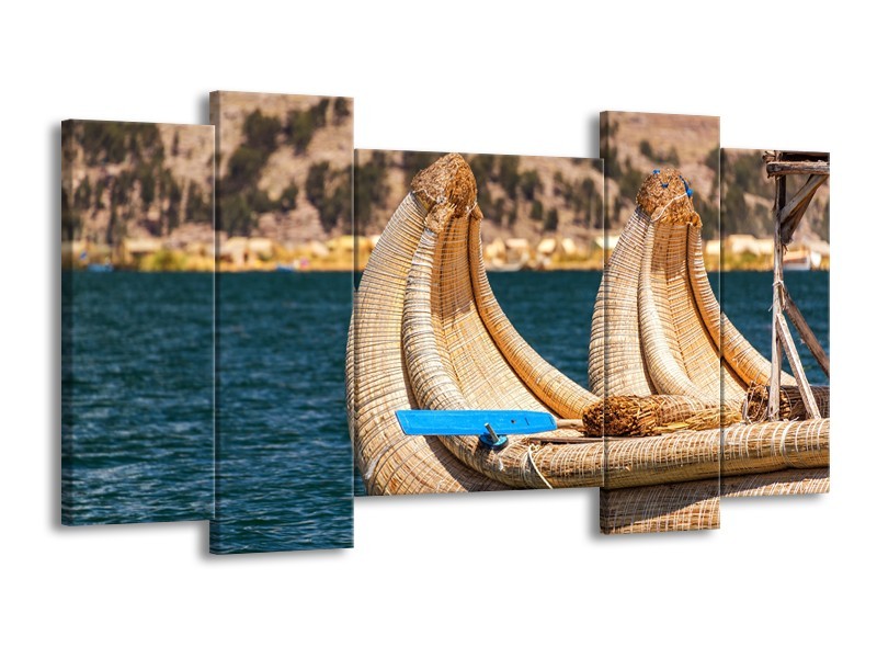 Canvas Schilderij Boot, Natuur | Geel, Bruin, Blauw | 120x65cm 5Luik