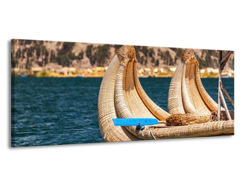 Canvas Schilderij Boot, Natuur | Geel, Bruin, Blauw | 145x58cm 1Luik