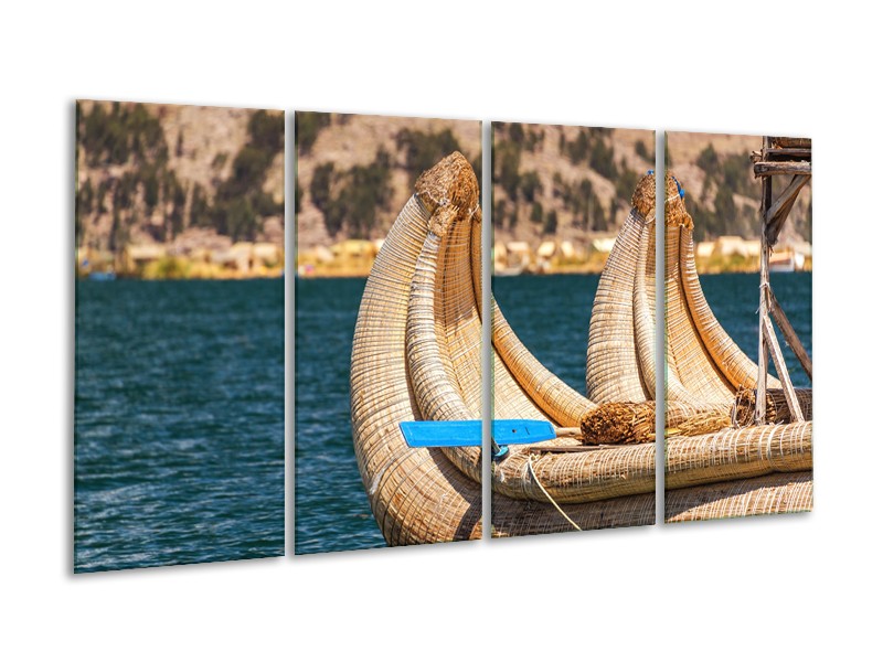 Canvas Schilderij Boot, Natuur | Geel, Bruin, Blauw | 160x80cm 4Luik