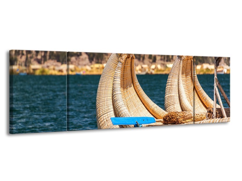 Canvas Schilderij Boot, Natuur | Geel, Bruin, Blauw | 170x50cm 3Luik