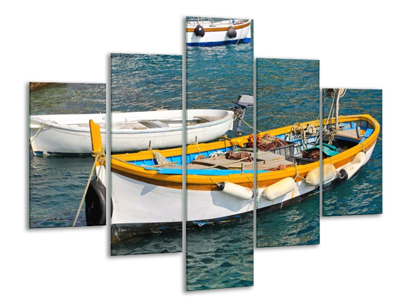 Canvas Schilderij Boot, Water | Grijs, Geel, Wit | 100x70cm 5Luik