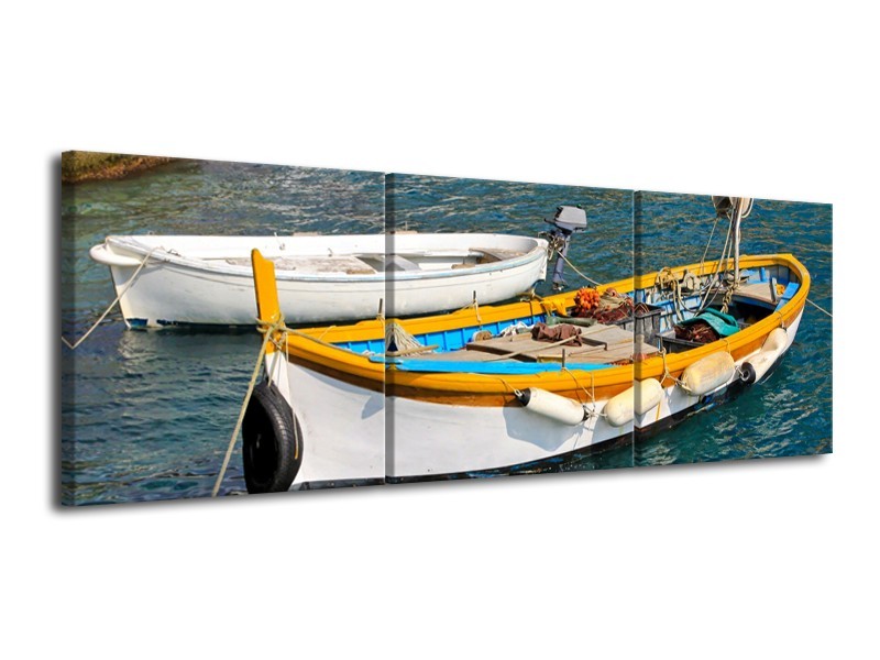 Glasschilderij Boot, Water | Grijs, Geel, Wit | 120x40cm 3Luik