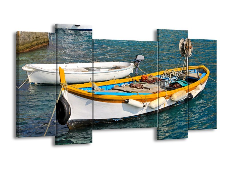 Canvas Schilderij Boot, Water | Grijs, Geel, Wit | 120x65cm 5Luik