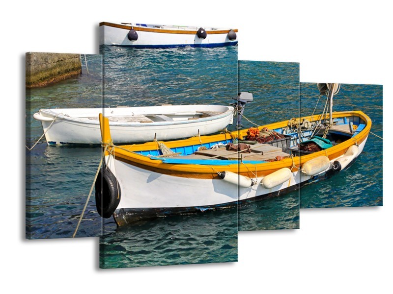 Canvas Schilderij Boot, Water | Grijs, Geel, Wit | 120x75cm 4Luik