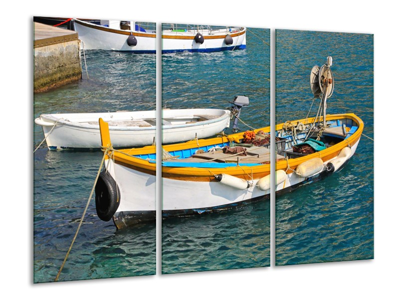 Canvas Schilderij Boot, Water | Grijs, Geel, Wit | 120x80cm 3Luik