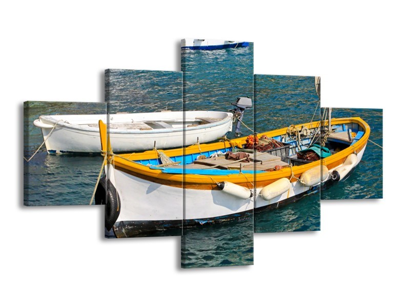 Canvas Schilderij Boot, Water | Grijs, Geel, Wit | 125x70cm 5Luik
