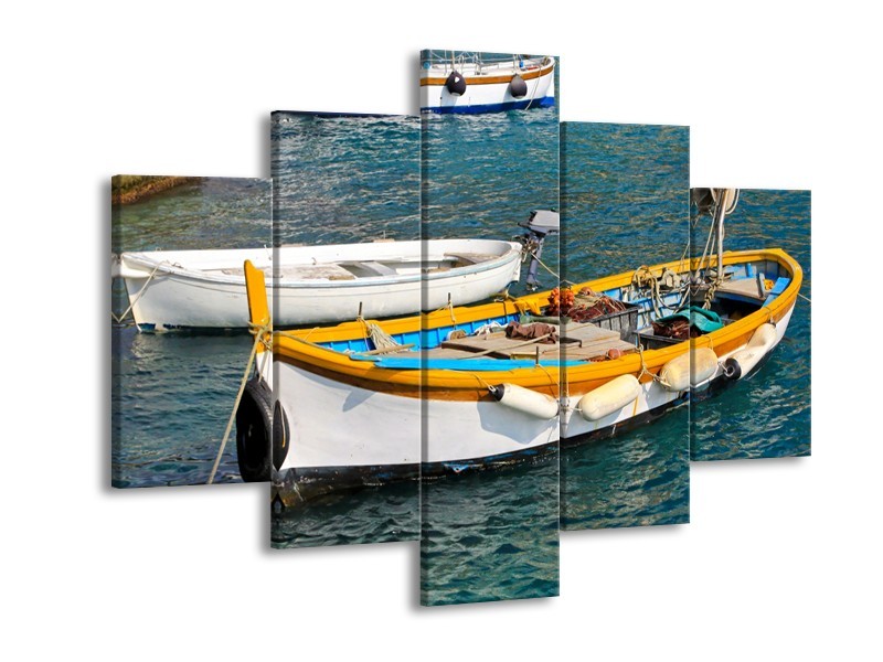 Canvas Schilderij Boot, Water | Grijs, Geel, Wit | 150x105cm 5Luik