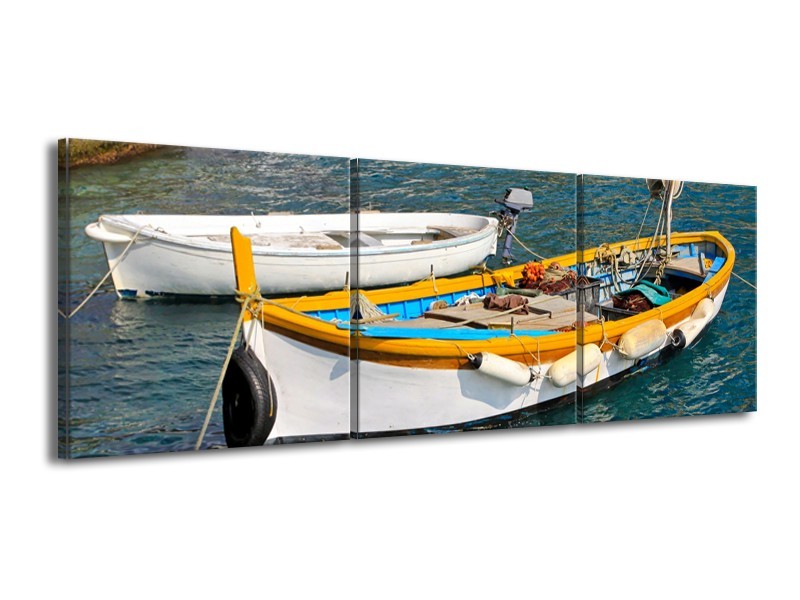 Canvas Schilderij Boot, Water | Grijs, Geel, Wit | 150x50cm 3Luik