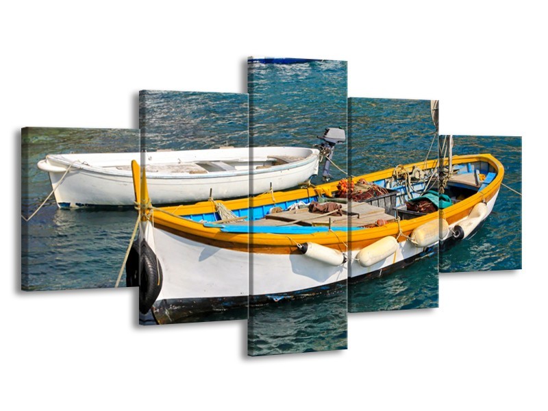 Canvas Schilderij Boot, Water | Grijs, Geel, Wit | 150x80cm 5Luik