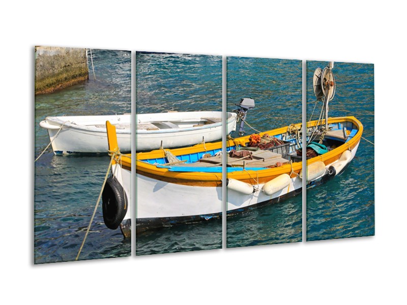 Canvas Schilderij Boot, Water | Grijs, Geel, Wit | 160x80cm 4Luik